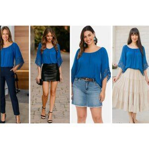 Melissa Paige Blue Crochet Sleeve Women's Blouse L Viscose Business Academia